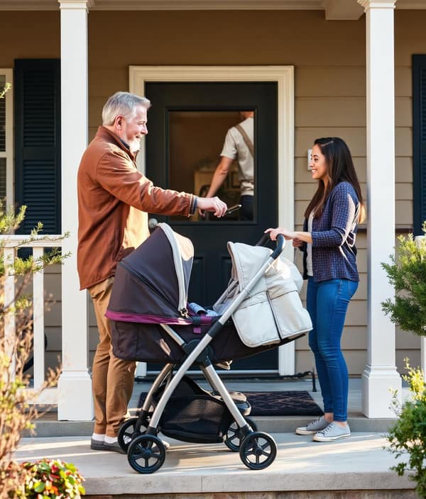 A neighbor handing a stroller and folded baby chair to a young mother on a sunlit porch