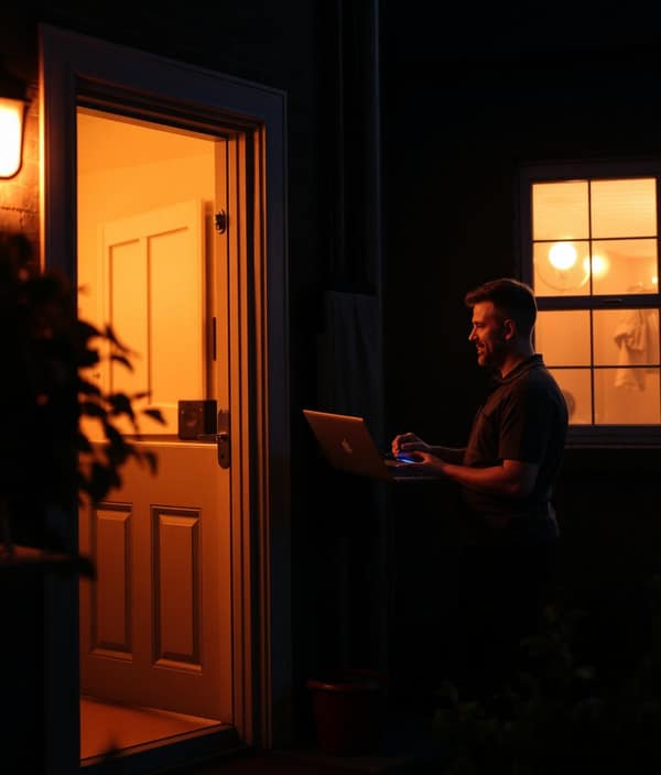 A neighbor lending a laptop and projector at an apartment door in warm evening light