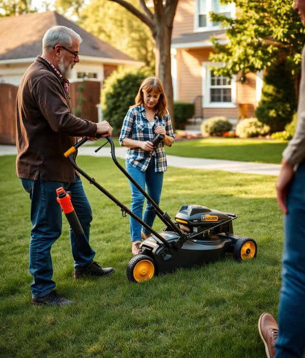 Neighbors sharing a lawnmower and hedge trimmer on a green front lawn