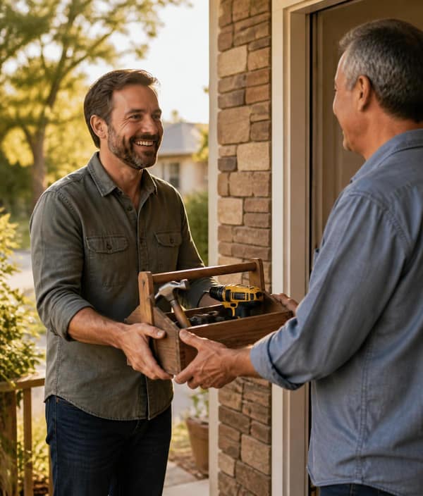 A neighbor handing a toolbox with a drill and hammer to another neighbor on a warm front porch