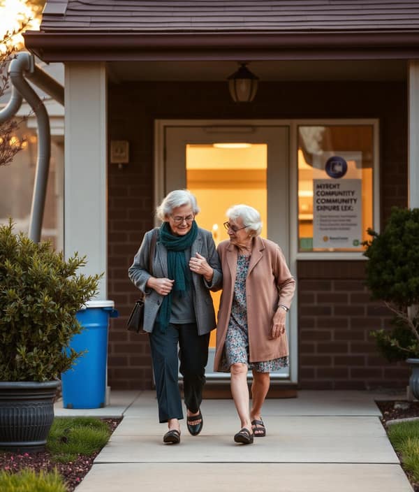 A kind neighbor walking with an elderly woman to a community clinic in soft morning light